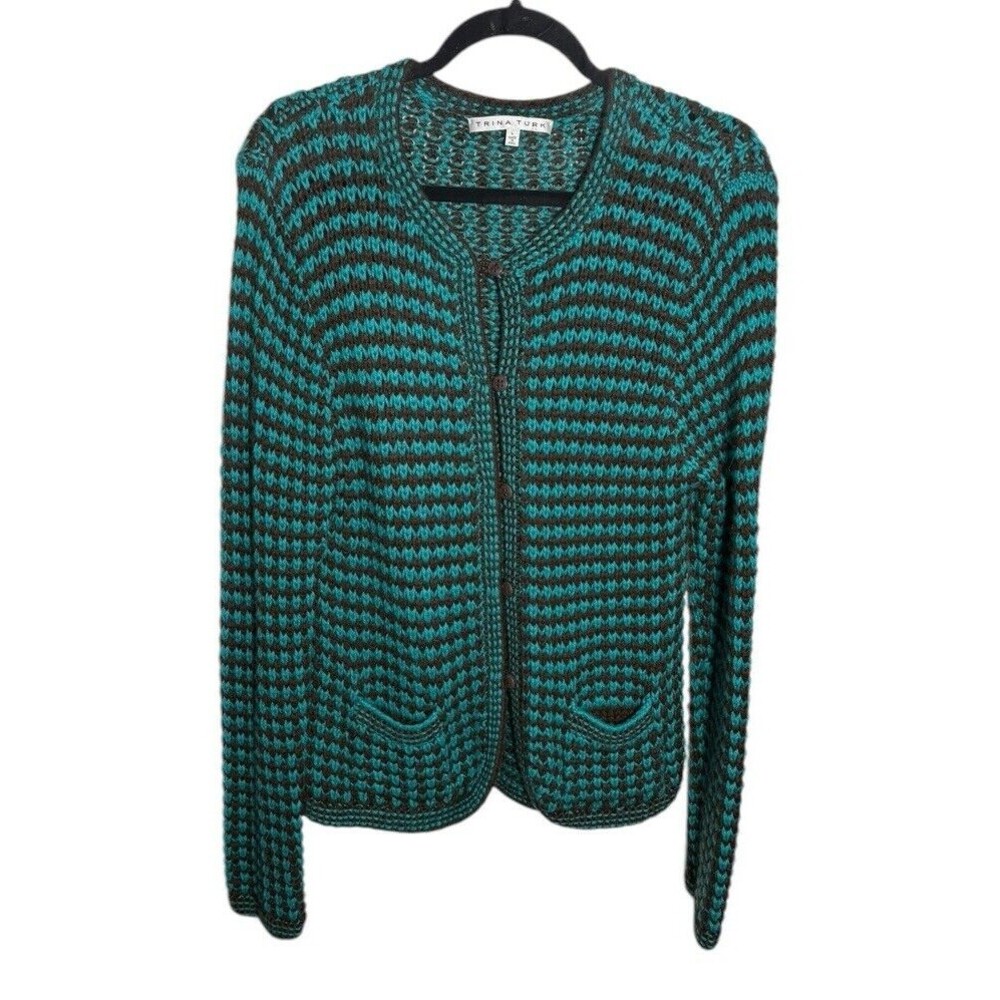 Trina Turk Alpaca Blend Open Knit Cardigan Green/Black Size Large Buttons Cozy‎